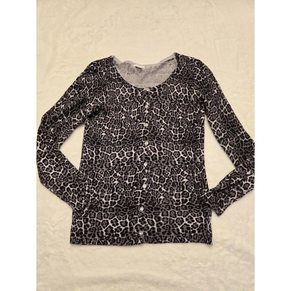 Jaclyn Smith Gray Button Up Long Sleeve Beaded Cardigan Size Small Cheetah Print